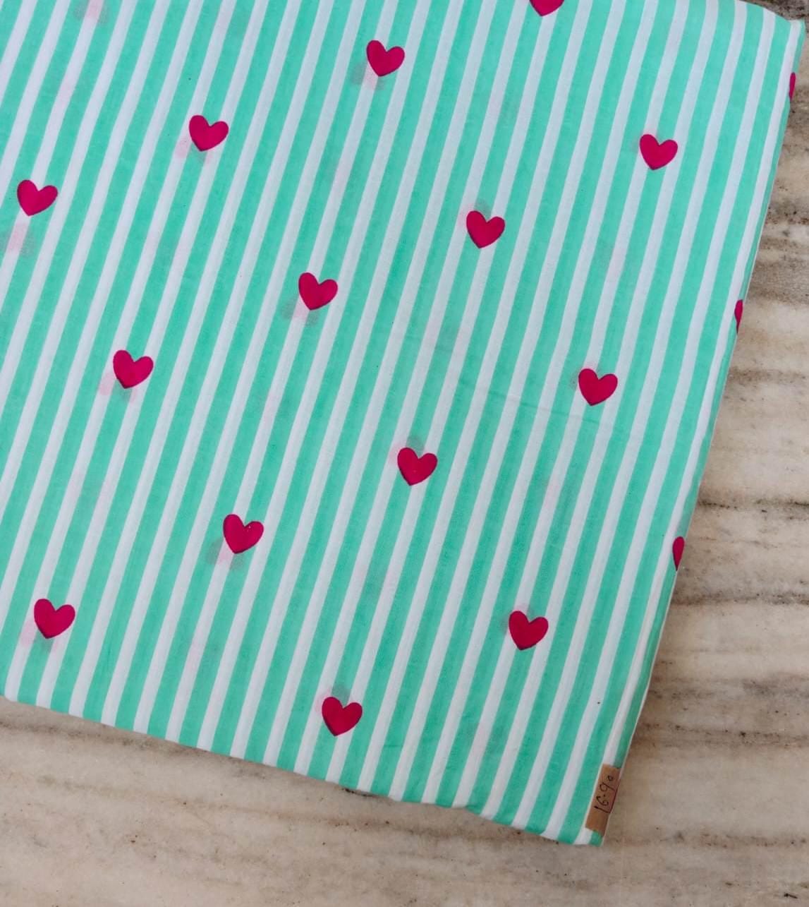 Mint Green Stripe Heart Cotton Fabric, Pink Heart Print Fabric, Vertical Stripe Fabric, Cute Valentine Fabric, Apparel Sewing Fabric, Napkin