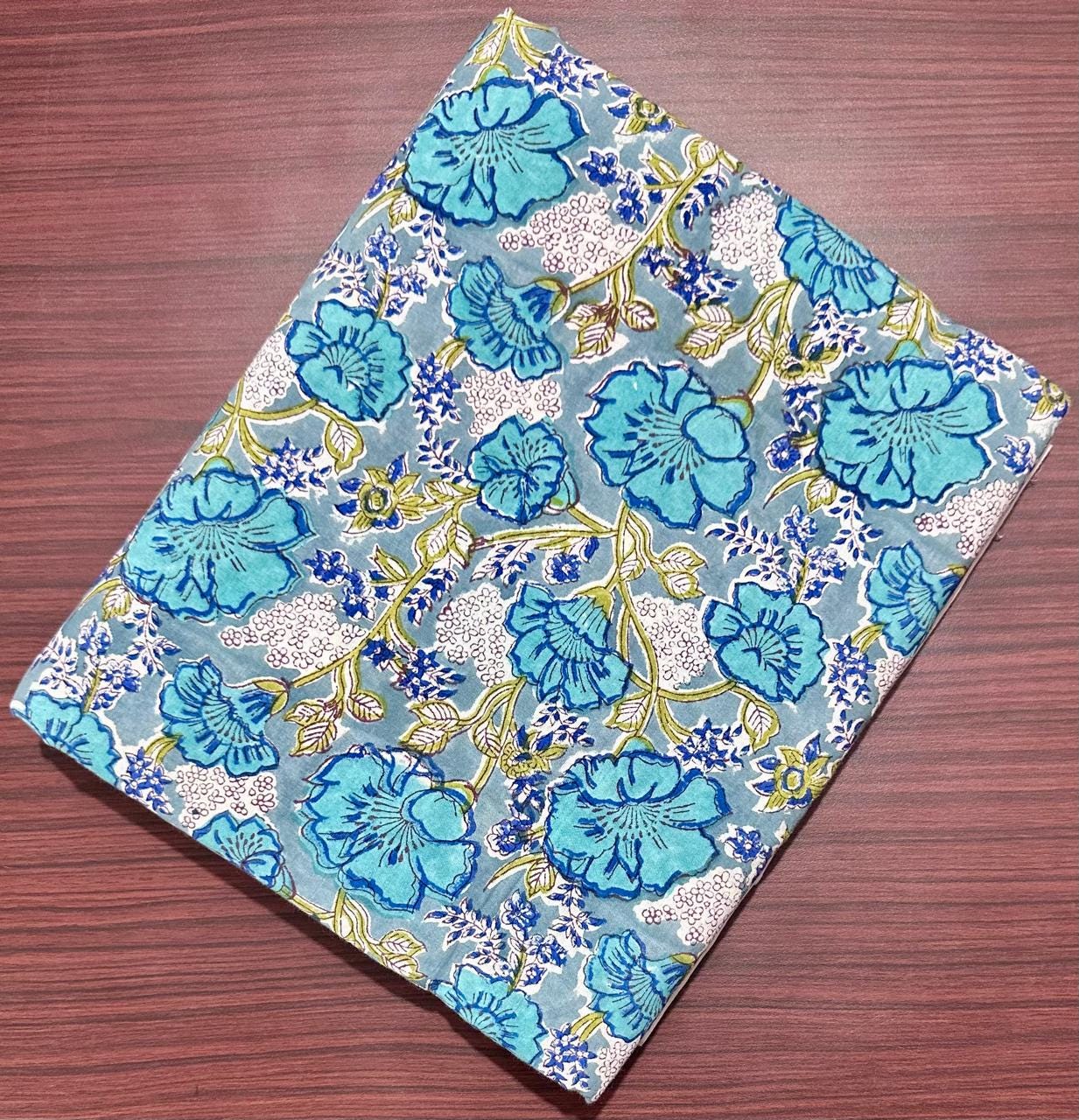 Blue Rose Pattern Cotton Fabric, Cute Flower Fabric, Hand Block Print Fabric, Indian Cotton Textile, Sewing Quilting, Loose Running Fabric