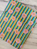 Floral Striped Cotton Fabric, Pink Flower Block Print Fabric, Teal Yellow Cotton Fabric by Yard, Indian Hand Block Fabric, Quilting Fabric