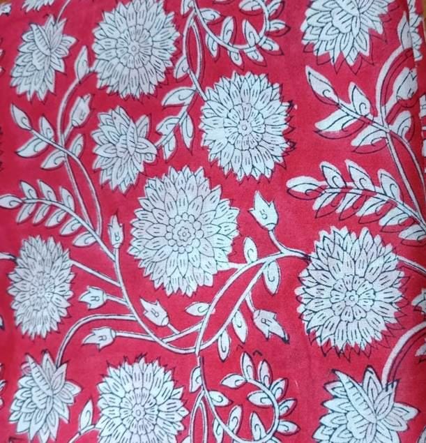 Hand Block Printed Cotton Fabric Red Floral Fabric by Yard Indian Cotton Textile White Flower Print Soft Lightweight Dressmaking & Quilting