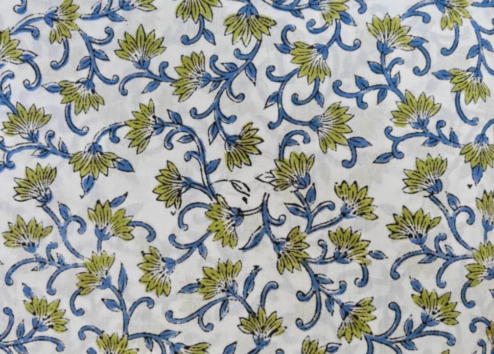 White Floral Vine Block Print Cotton Fabric by the Yard, Blue Green Indian Hand Printed Cotton, Soft Boho Sewing Quilting Fabric, Napkins