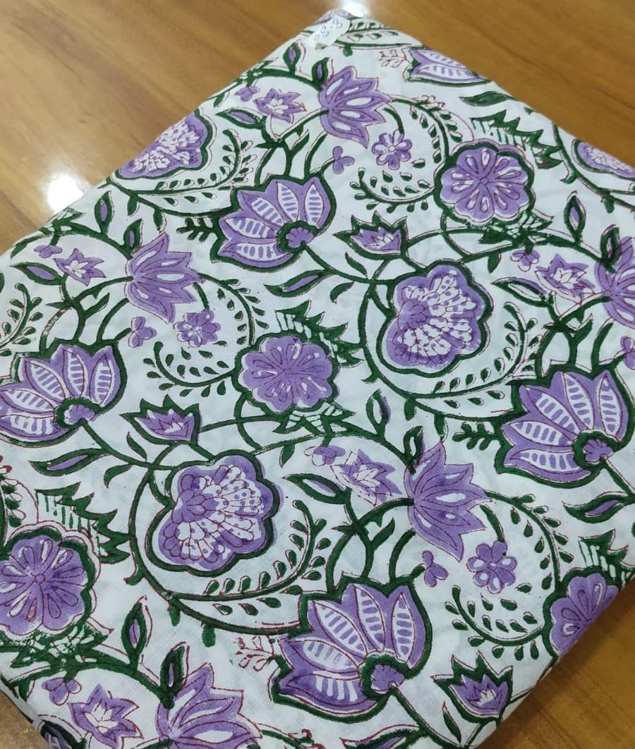 Handmade Purple Floral Hand Block Print Cotton Fabric by the Yard, Indian Lavender Flower Print, Soft Sewing Fabric for Dresses, Home Decor