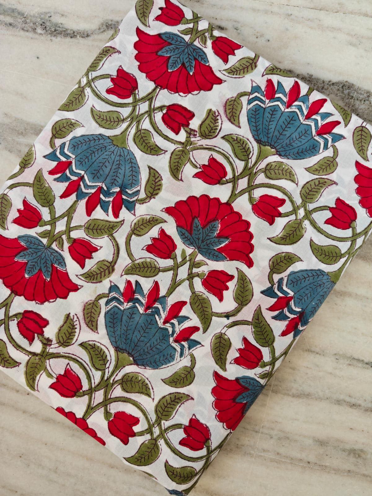 Red Blue Floral Block Print Cotton Fabric, Indian Handprinted Fabric by the Yard, Fabric For Dress Making Loose Running Fabric Napkin Fabric
