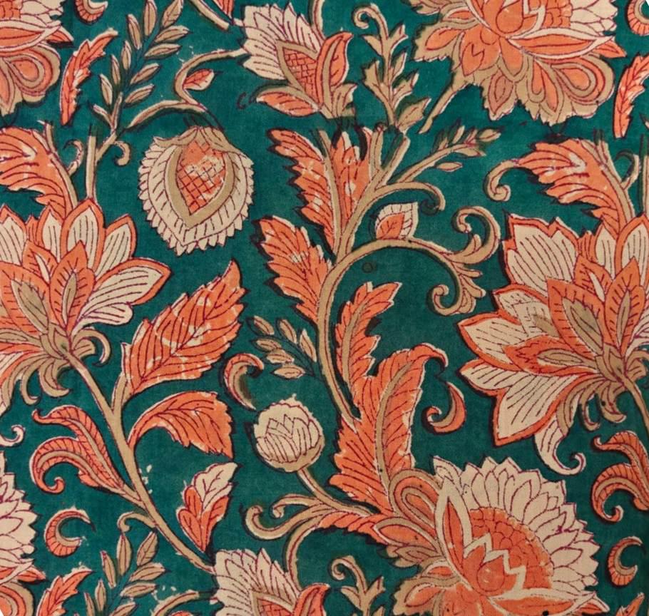 Teal Green Floral Cotton Fabric by the Yard, Orange Lotus Block Print, Indian Handmade Botanical Textile, Loose Running Fabric, Napkins