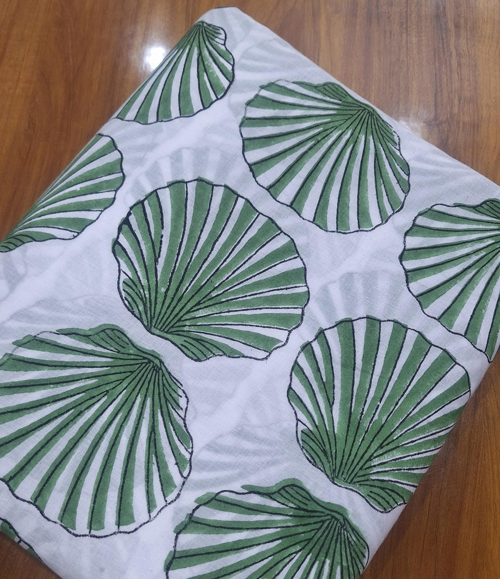 Green Seashell Cotton Fabric | Coastal Print Fabric | Beach Theme Textile | Nautical Shell Pattern | Sewing Craft | Summer Home Decor Fabric