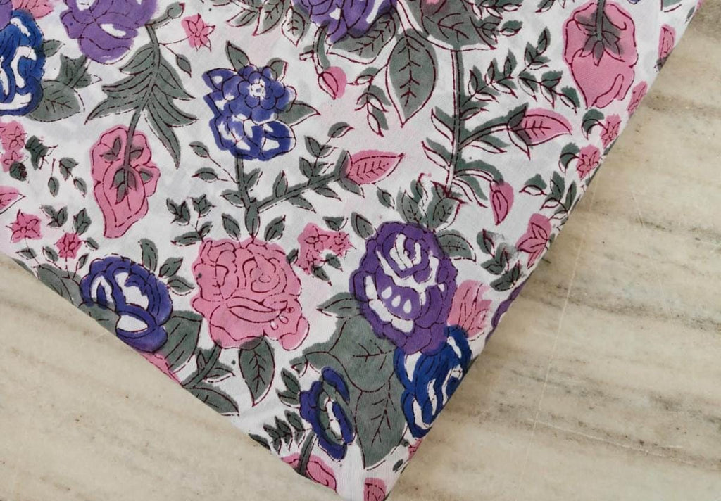 Floral Cotton Fabric by Yard, Pink Purple Blue Rose Print Fabric, Soft Cotton Fabric for Sewing, Quilting, Dressmaking, White Base Fabric