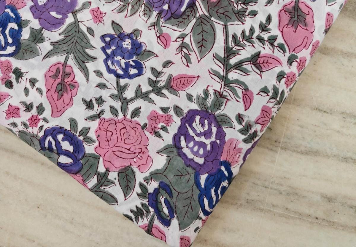 Floral Cotton Fabric by Yard, Pink Purple Blue Rose Print Fabric, Soft Cotton Fabric for Sewing, Quilting, Dressmaking, White Base Fabric