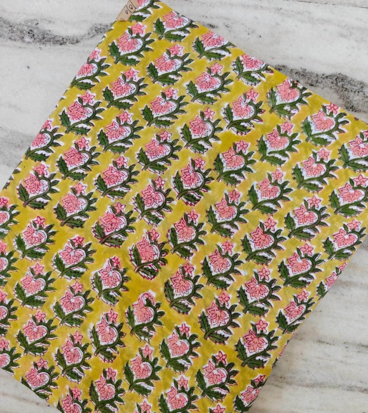 Yellow Floral Cotton Fabric, Hand Block Print Fabric, Pink Green Flower Print, Indian Cotton Textile, Sewing Craft Fabric, Summer Dress