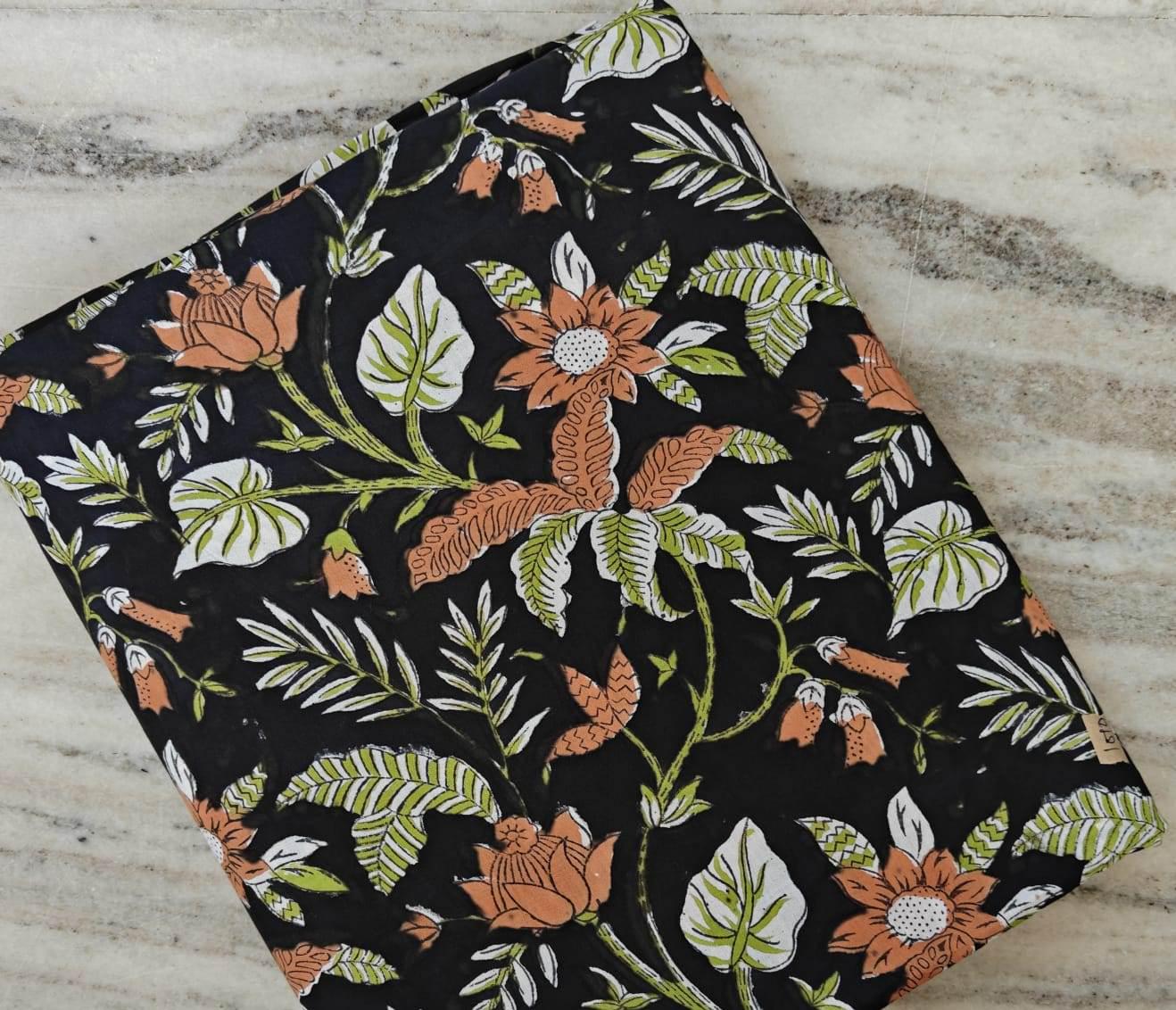 Black Floral Cotton Fabric by the Yard, Earthy Botanical Print, Brown & Green Block Print Style, Boho Dressmaking Quilting Fabric, Running