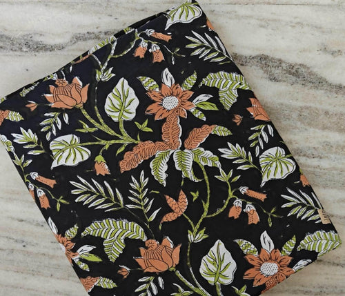 Black Floral Cotton Fabric by the Yard, Earthy Botanical Print, Brown & Green Block Print Style, Boho Dressmaking Quilting Fabric, Running