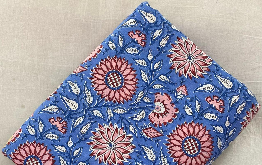 Blue Floral Cotton Fabric, Hand Block Print Fabric, Red Pink Flower Indian Cotton Fabric by Yard, Boho Quilting Sewing Dressmaking Fabric