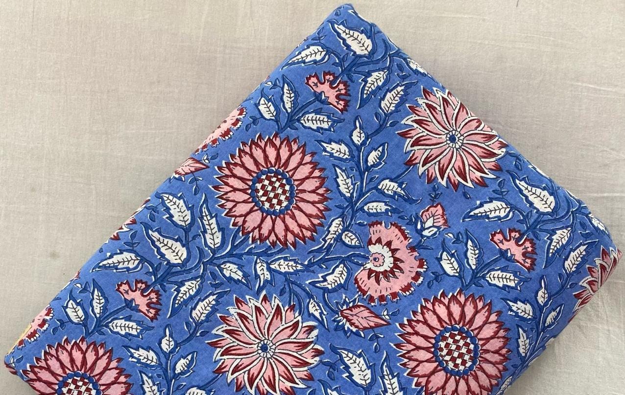 Blue Floral Cotton Fabric, Hand Block Print Fabric, Red Pink Flower Indian Cotton Fabric by Yard, Boho Quilting Sewing Dressmaking Fabric