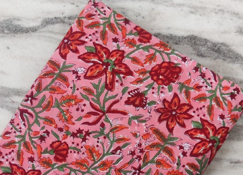 Pink Floral Cotton Fabric, Red Orange Hand Block Print Fabric By The Yard, Indian Soft Cotton for Quilting, Dressmaking, Sewing & Crafts