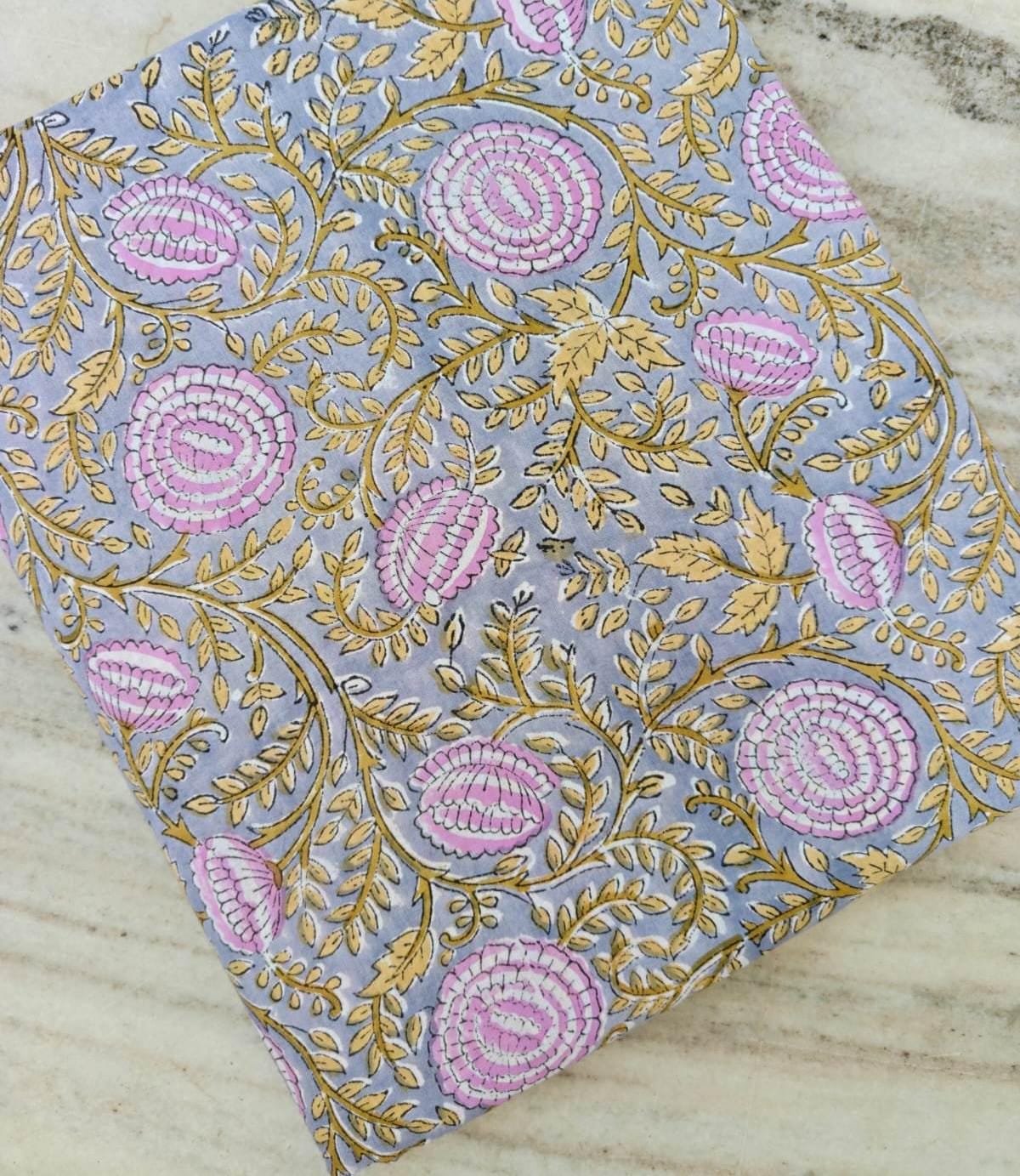 Hand Block Print Cotton Fabric, Pink Floral on Grey Fabric, Indian Botanical Cotton, Soft Lightweight Sewing Fabric, Quilting Dressmaking