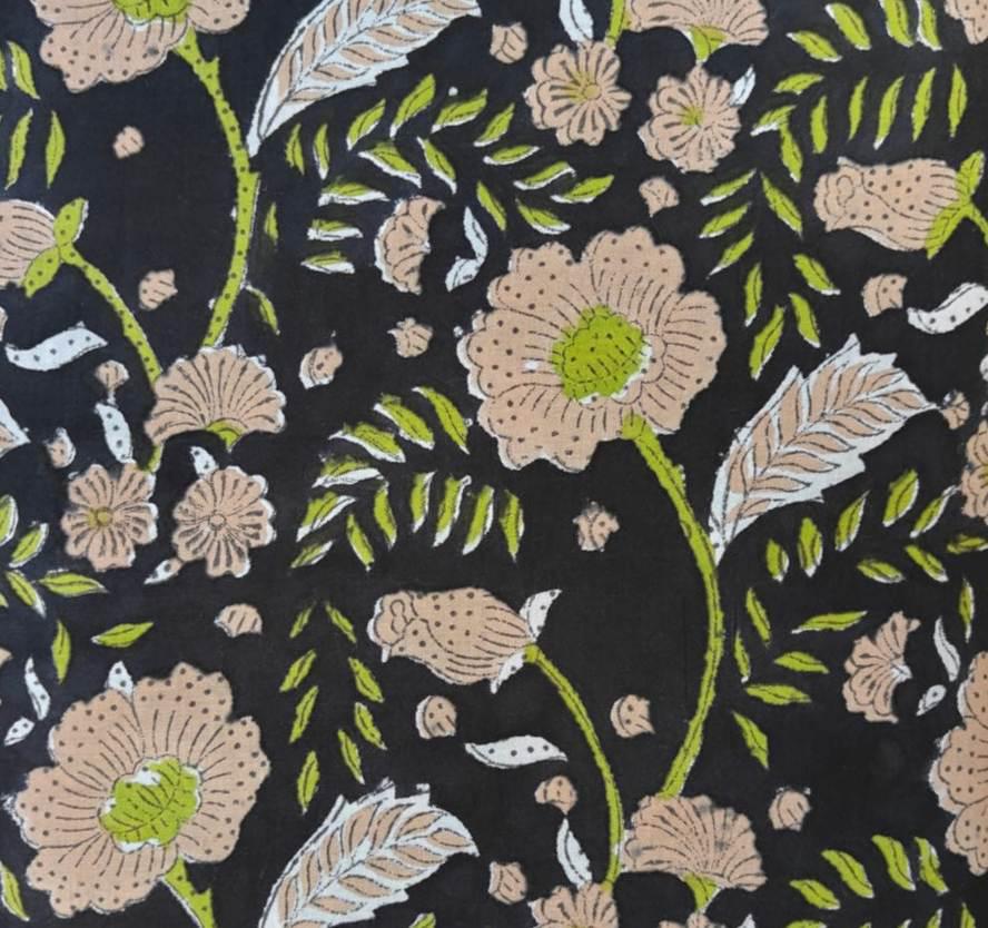 Black Floral Block Print Cotton Fabric, Hand Block Printed Indian Cotton by the Yard, Beige Flower Boho Fabric for Dressmaking, Quilting