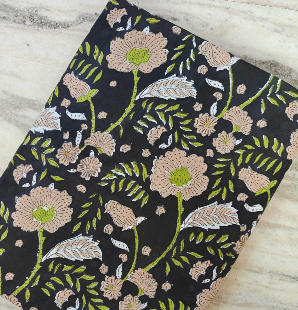 Black Floral Block Print Cotton Fabric, Hand Block Printed Indian Cotton by the Yard, Beige Flower Boho Fabric for Dressmaking, Quilting