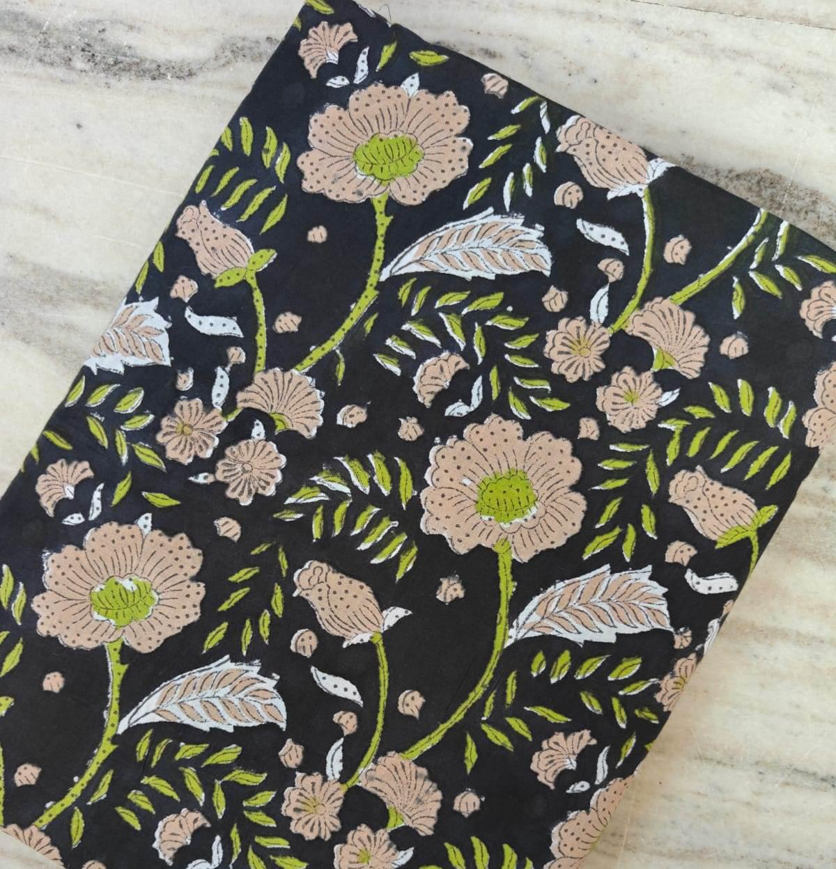 Black Floral Block Print Cotton Fabric, Hand Block Printed Indian Cotton by the Yard, Beige Flower Boho Fabric for Dressmaking, Quilting