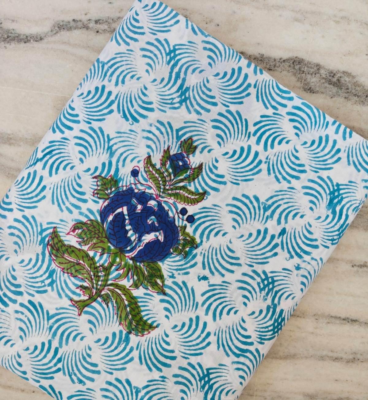 Hand Block Print Cotton Fabric, Blue Floral Indian Cotton, Turquoise Swirl Pattern Fabric, Soft Cotton Fabric by Yard Quilting Sewing Fabric