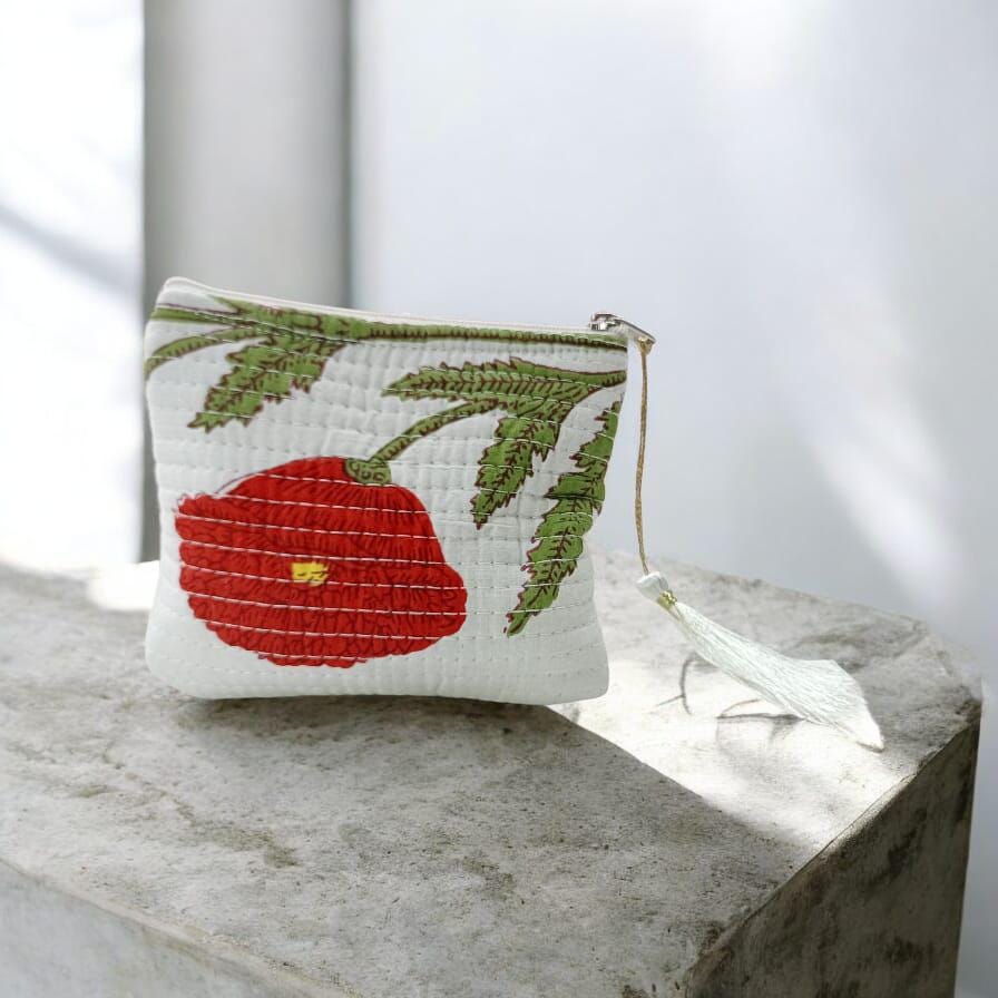 Red Flower Embroidered Pouch – Handmade Quilted Makeup Bag | Block Print Zipper Pouch | Boho Zipper Pouch with Tassel Pull | Gift For Her