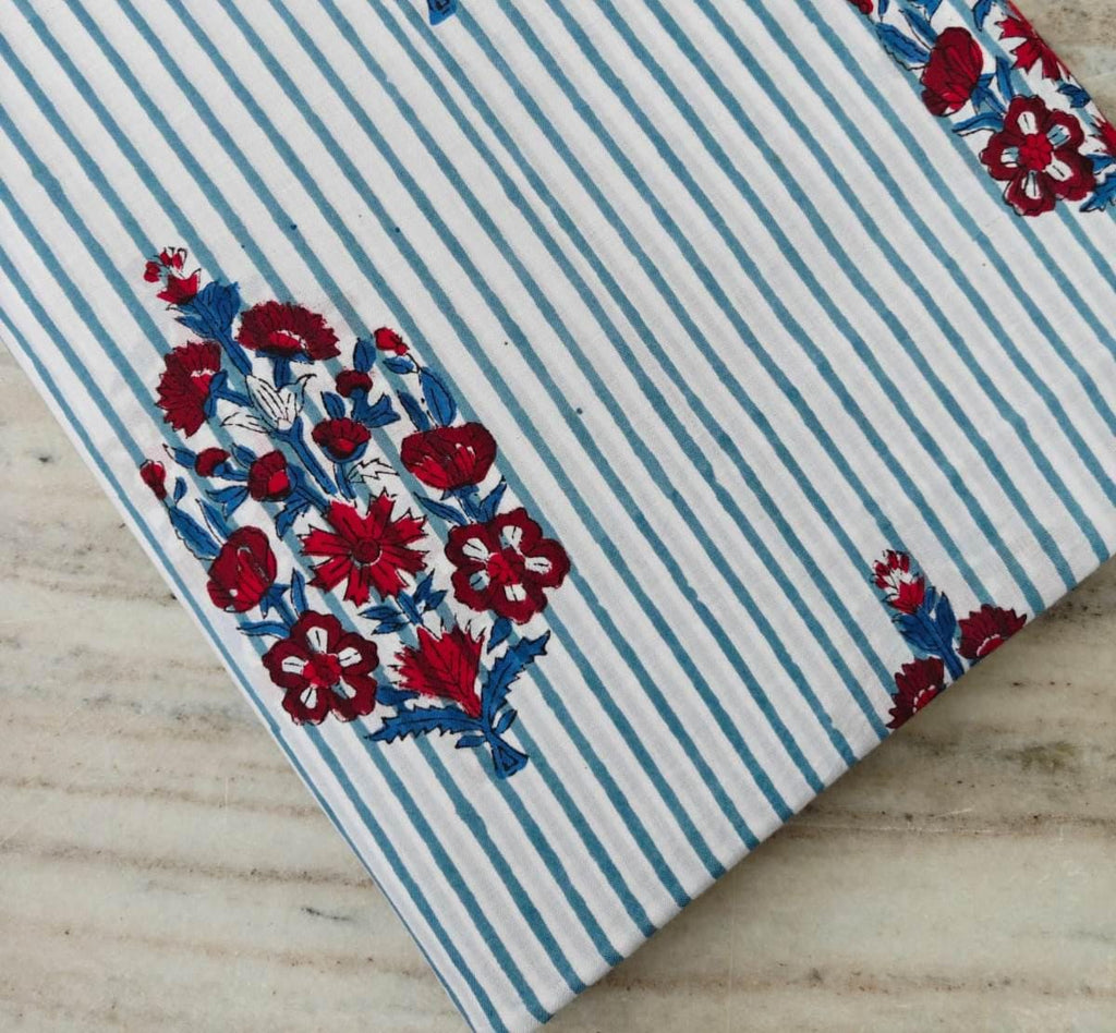 Striped Floral Cotton Fabric, White Blue Stripes with Red Flower Hand Block Print, Indian Cotton Fabric by the Yard for Sewing, Dressmaking