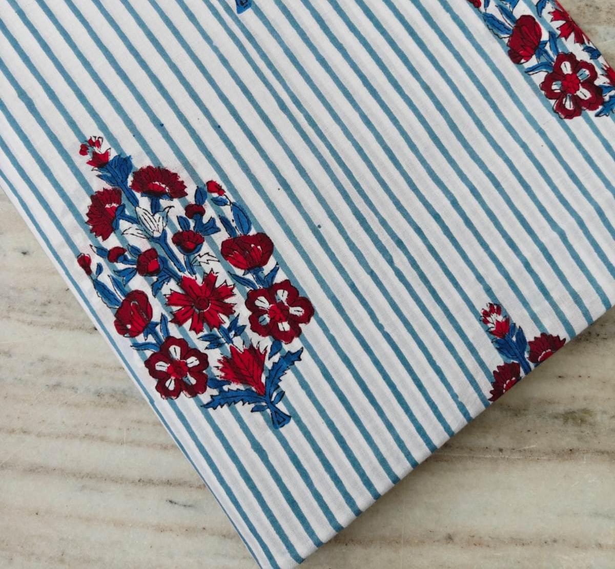 Striped Floral Cotton Fabric, White Blue Stripes with Red Flower Hand Block Print, Indian Cotton Fabric by the Yard for Sewing, Dressmaking