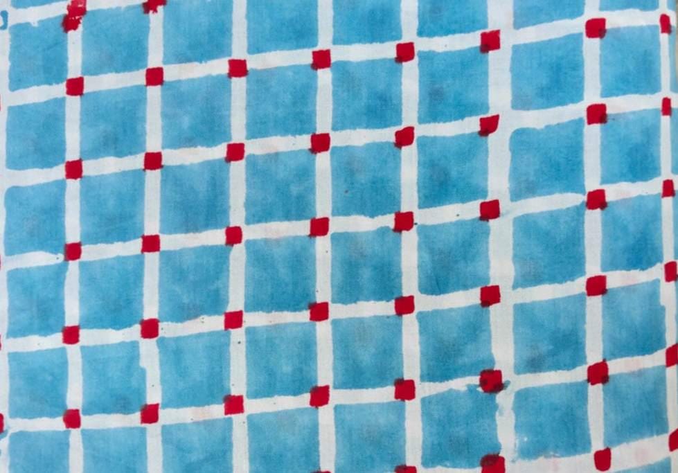 Blue Checkered Cotton Fabric by Yard, Geometric Grid Print Fabric, Hand Block Print Cotton Material, Quilting Dressmaking Home Decor Fabric