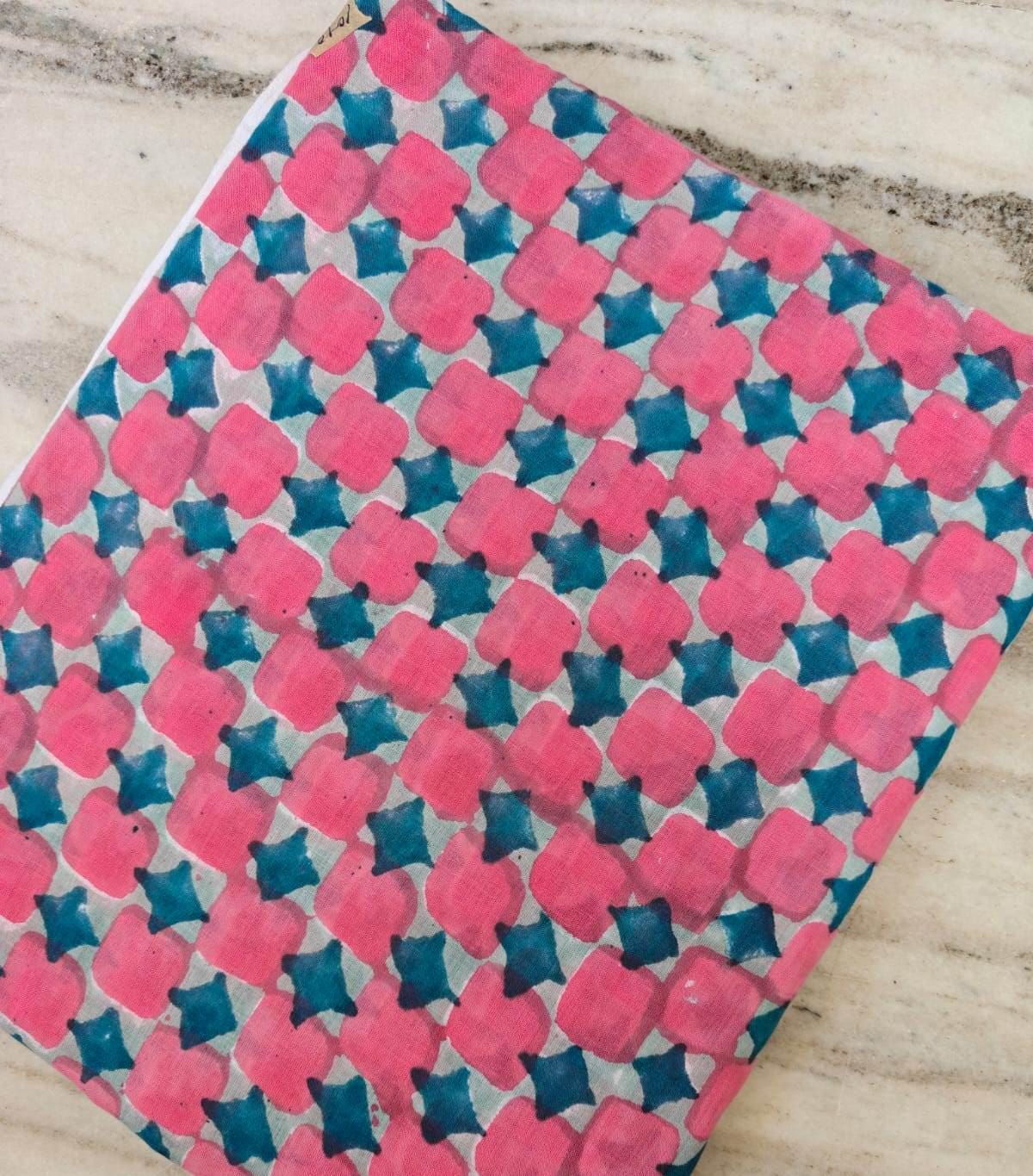 Pink Blue Geometric Cotton Fabric, Hand Block Print Fabric, Indian Cotton Textile, Soft Lightweight Fabric, Dressmaking Fabric By The Yard