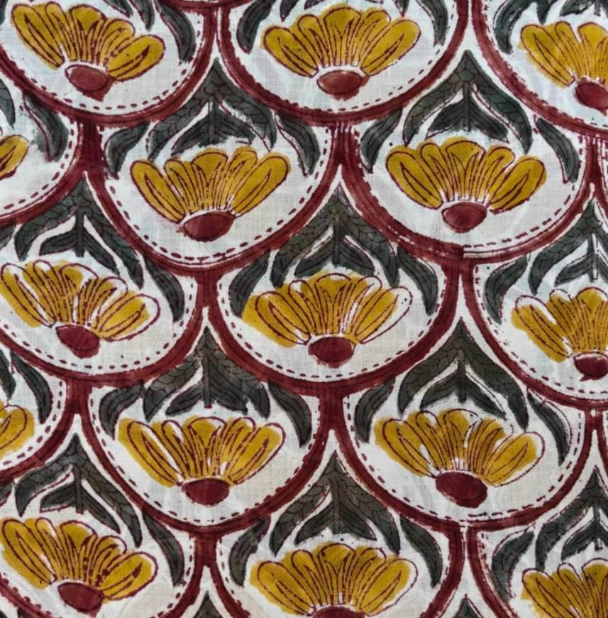 Mustard Yellow & Maroon Scallop Floral Cotton Fabric, Hand Block Print Style, Indian Botanical Textile, Boho Sewing Fabric Dressmaking