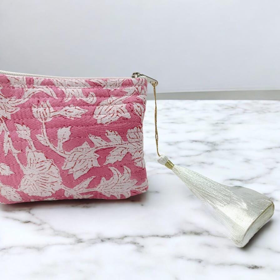 Personalized Mini Quilted Pouch | Pink Floral Block Print | Small Zipper Bag with Tassel | Fabric Pouch | Block Print Accessory Bag