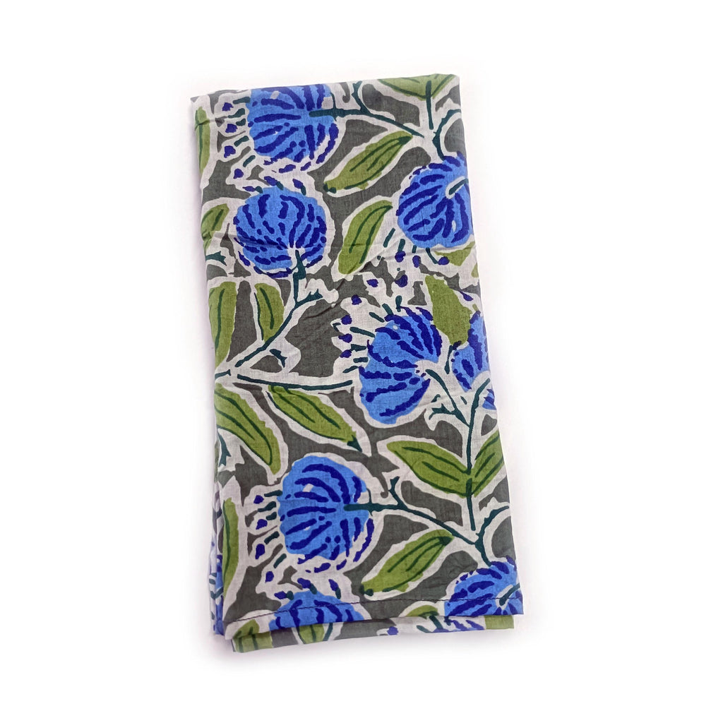 Blue Floral Cotton Napkin | Hand Block Print Reusable Cloth Napkin | Grey Green Eco-Friendly Table Linen | Indian Cotton Dinner Napkin Set