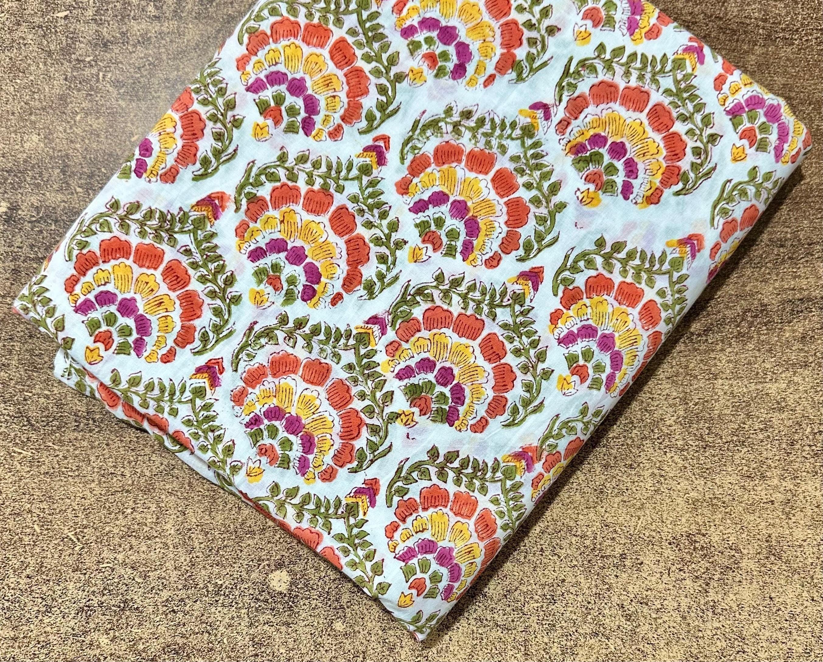 Sky Blue Hand Block Print Cotton Fabric, Floral Indian Cotton Fabric, Multicolor Printed Fabric by Yard, Sewing Quilting Dressmaking Fabric