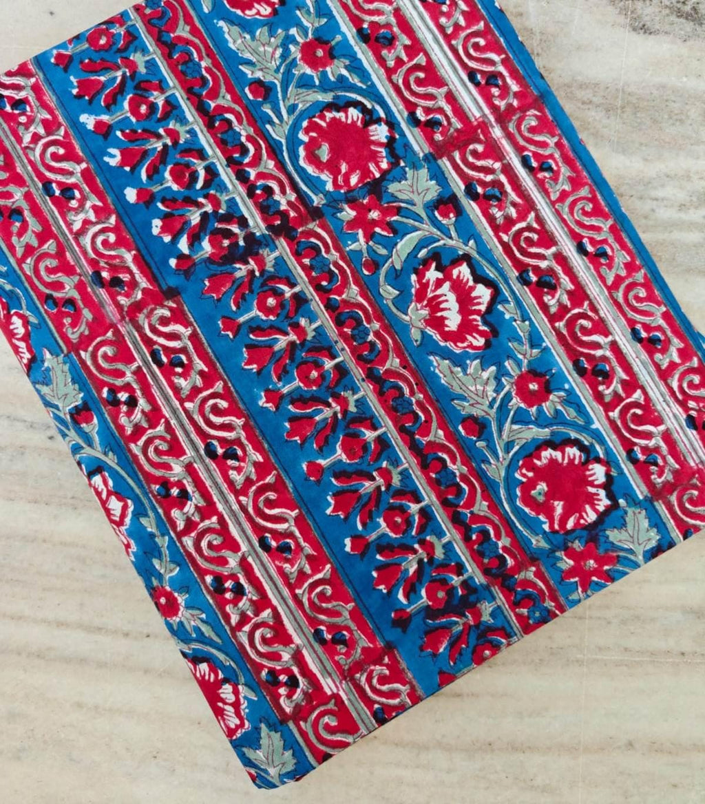 Boho Red & Teal Floral Stripe Cotton Fabric, Indian Handblock Style Print, Vintage Ethnic Textile, Quilting Dressmaking Craft Fabric
