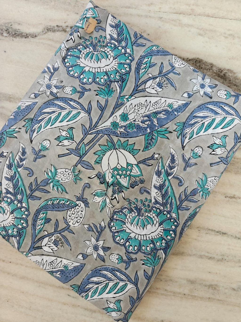 Blue Teal Floral Cotton Fabric by Yard, Grey Background Botanical Print, Indian Block Print Fabric, Upholstery Sewing Fabric, Napkins Fabric