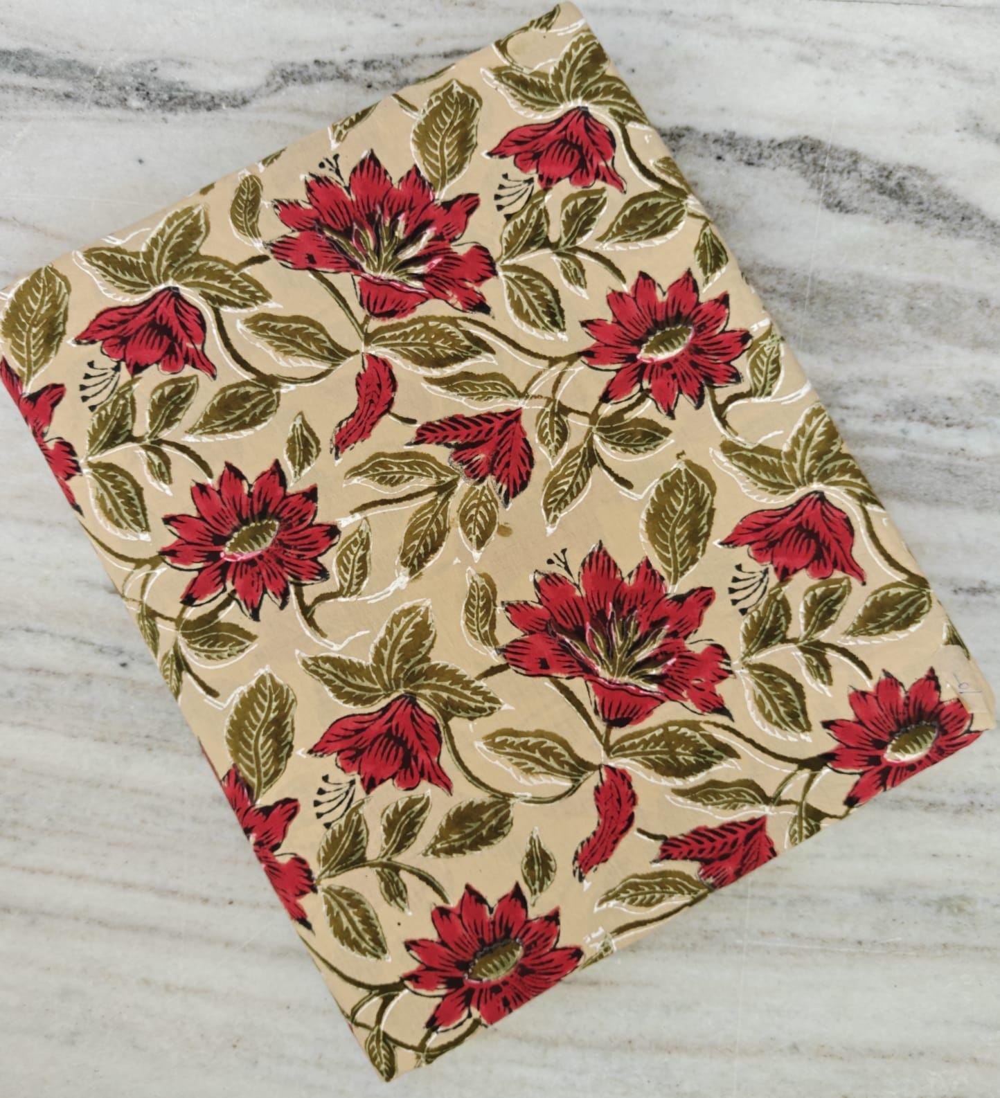 Red Floral Cotton Fabric by the Yard, Red Flower and Olive Green Print Fabric, Traditional Floral Pattern for Dresses, Curtains, Quilts