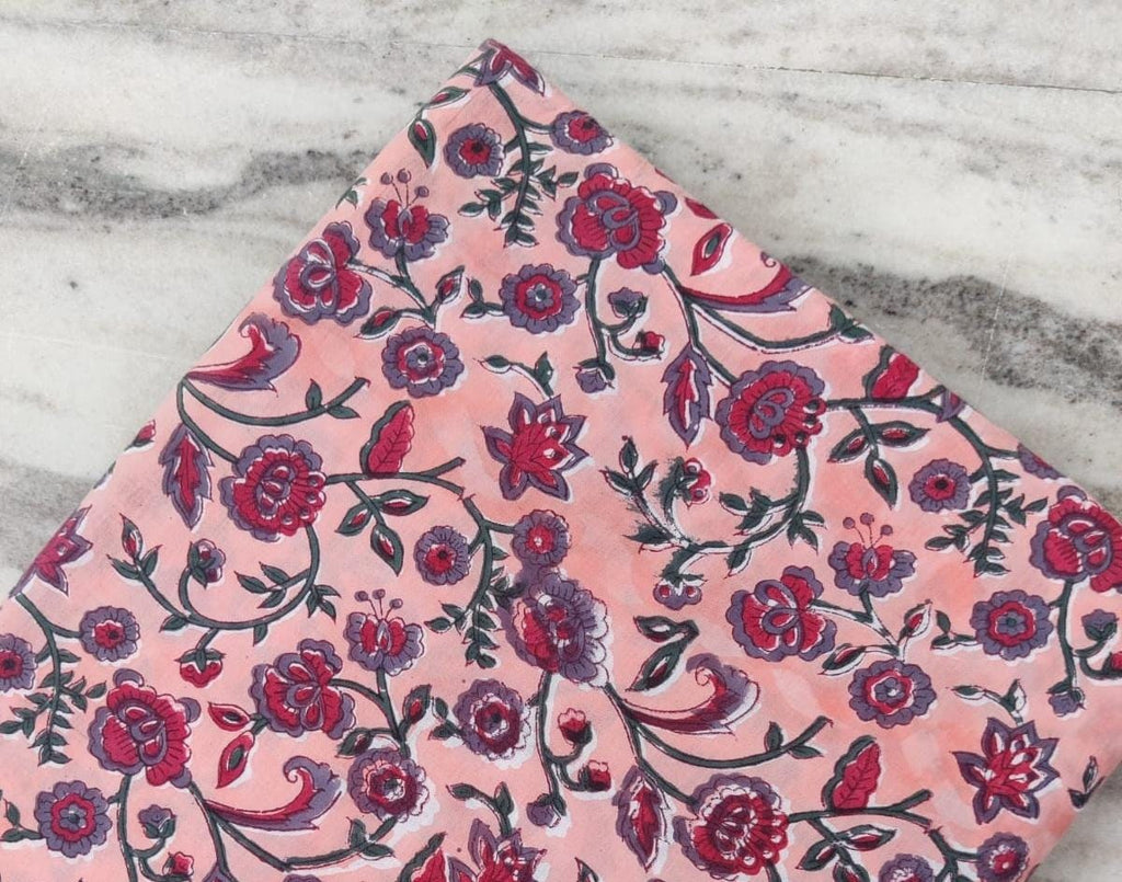 Peach Indian Hand Block Print Fabric, 100% Cotton Quilting Fabric By The Yard, Fabric For Dress Making, Loose Running Fabric, Napkin Fabric