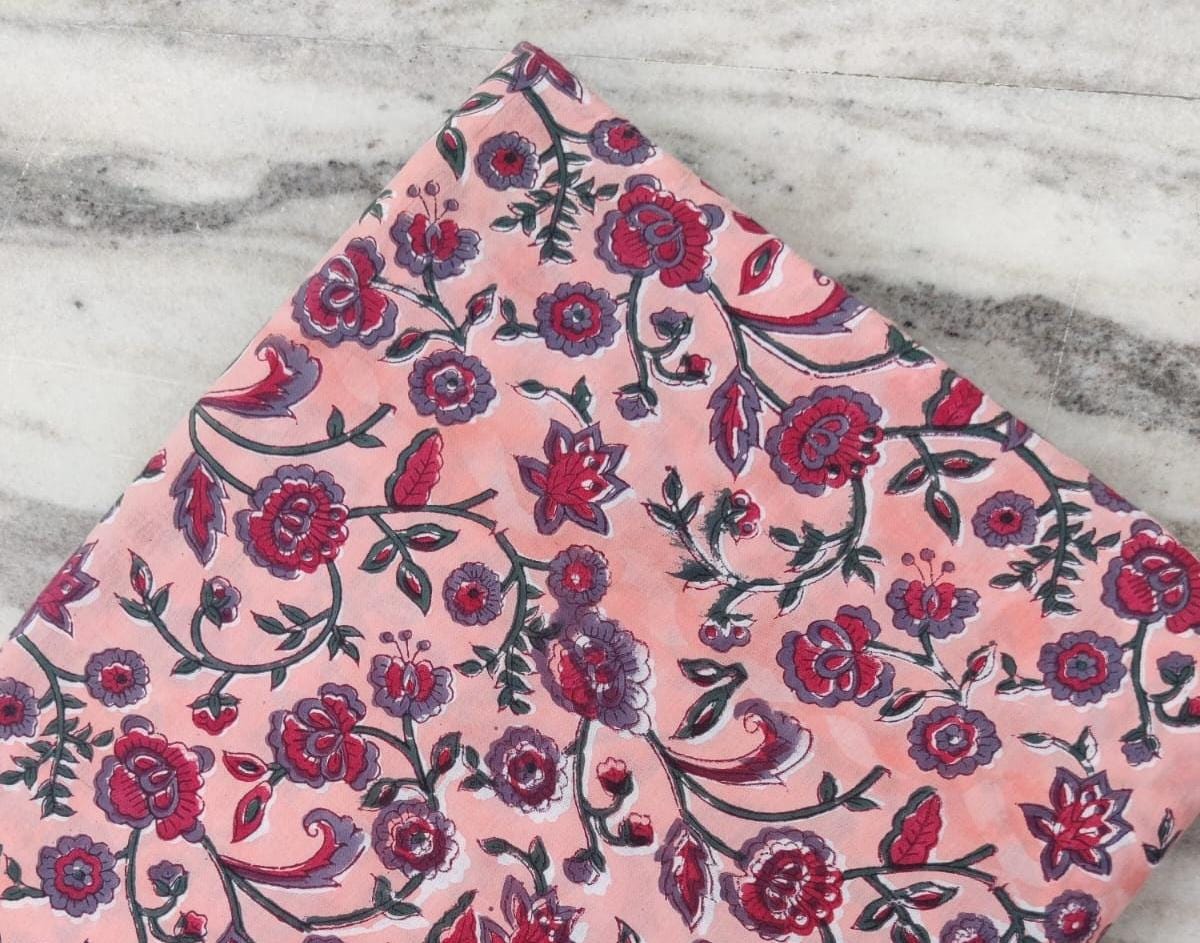 Peach Indian Hand Block Print Fabric, 100% Cotton Quilting Fabric By The Yard, Fabric For Dress Making, Loose Running Fabric, Napkin Fabric