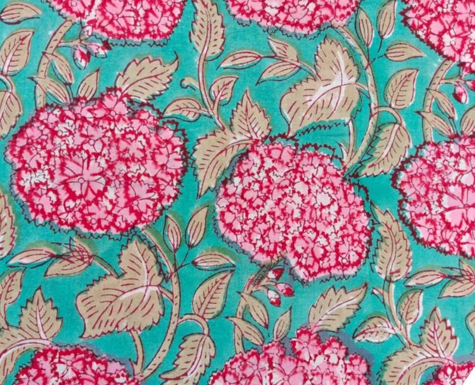 Teal Pink Floral Block Print Cotton Fabric Indian Hand Block Printed Fabric by the Yard, Soft Cotton Summer Floral Print Fabric Dress Making