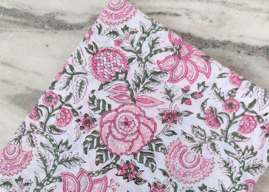Pink Green Floral Cotton Fabric, Indian Hand Block Print by Yard, Soft White Fabric for Quilting, Dressmaking & Crafts, Textile Fabric Loose