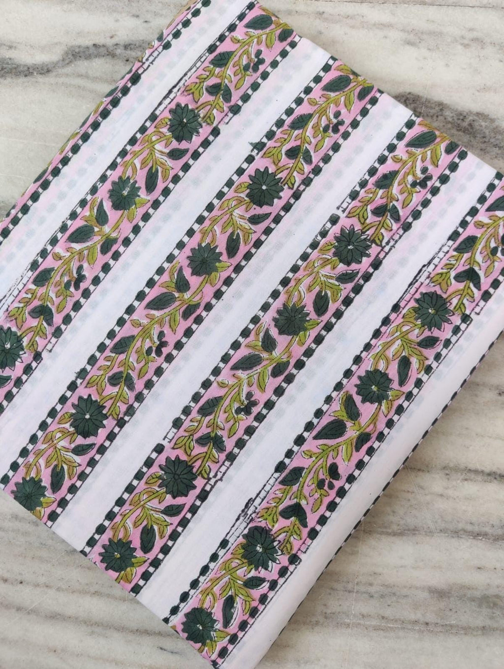 White Cotton Fabric with Green Floral Vines & Pink Stripes, Indian Hand Block Print Fabric by the Yard, Soft Cotton for Quilting,Dressmaking