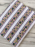 White Cotton Fabric with Green Floral Vines & Pink Stripes, Indian Hand Block Print Fabric by the Yard, Soft Cotton for Quilting,Dressmaking
