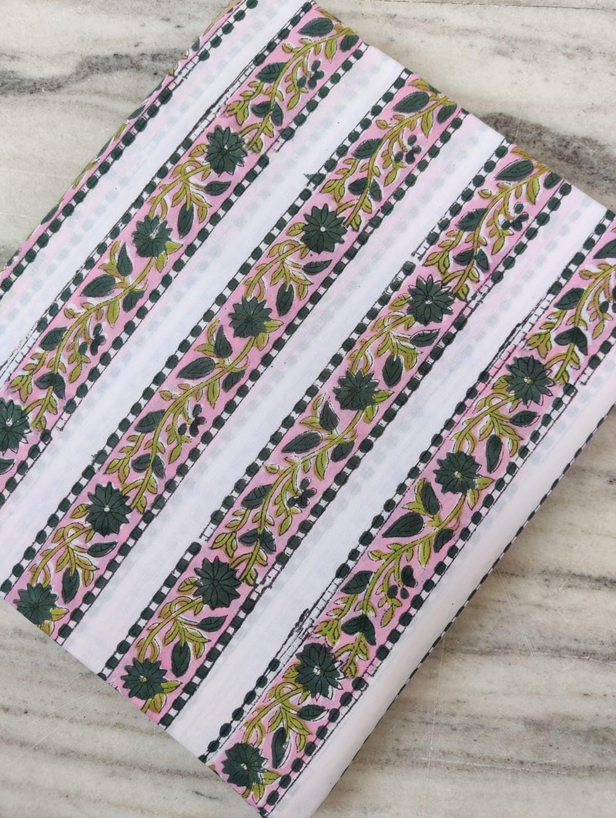 White Cotton Fabric with Green Floral Vines & Pink Stripes, Indian Hand Block Print Fabric by the Yard, Soft Cotton for Quilting,Dressmaking