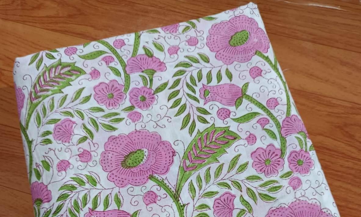 Pink Green Floral Cotton Fabric by the Yard, Hand Block Print Fabric, Indian Soft Cotton Material for Quilting, Sewing, Dressmaking & Crafts
