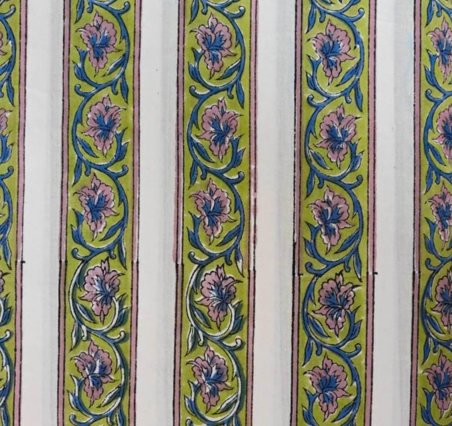 Green Floral Stripe Cotton Fabric, Pink & Blue Block Print Style Cotton, Indian Floral Craft Fabric by the Yard – Quilting, Home Decor