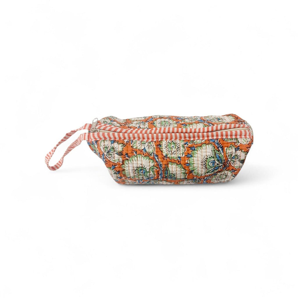 Quilted Floral Makeup Bag, Handmade Cotton Cosmetic Pouch, Orange Block Print Toiletry Bag, Zipper Travel Clutch, Gift for Her