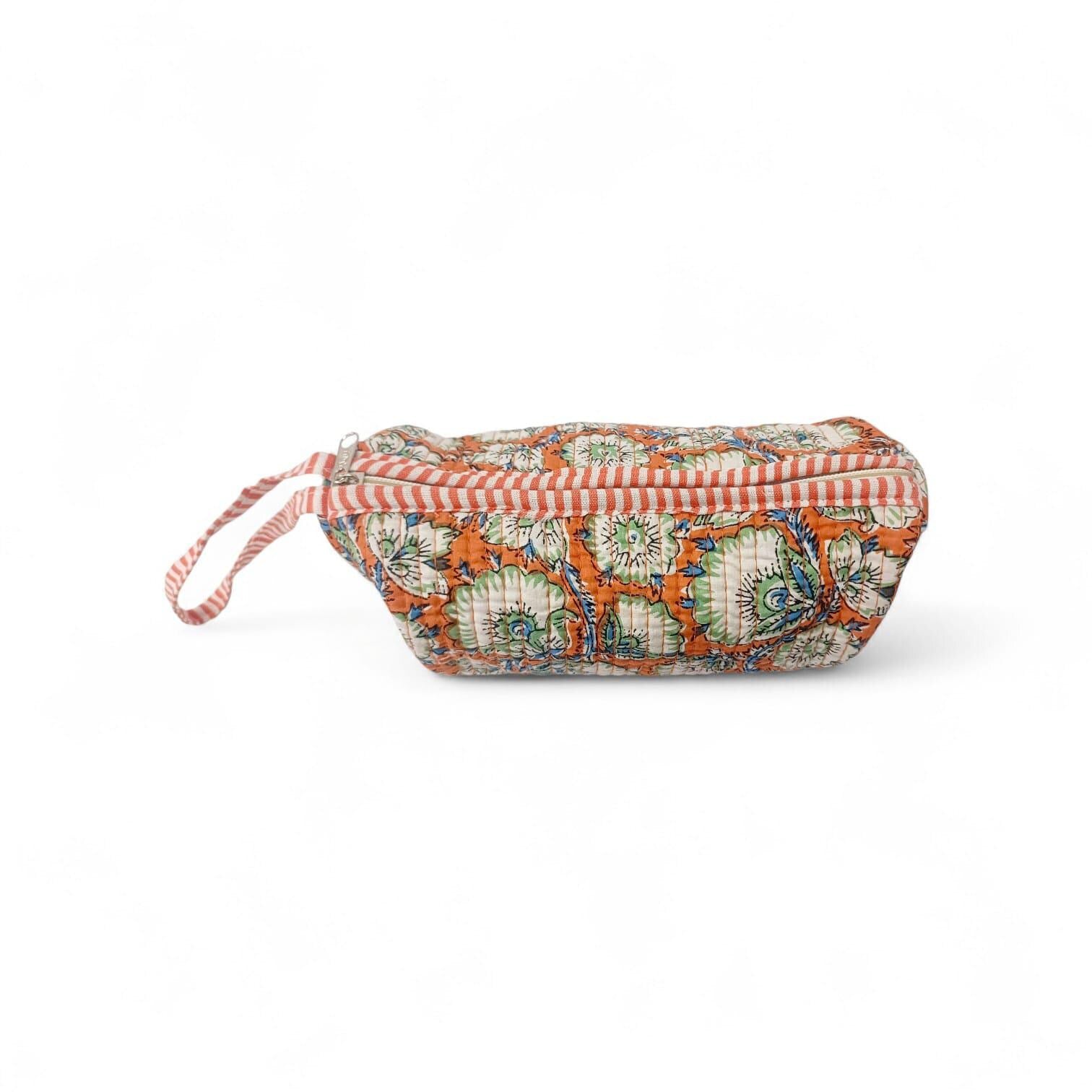 Quilted Floral Makeup Bag, Handmade Cotton Cosmetic Pouch, Orange Block Print Toiletry Bag, Zipper Travel Clutch, Gift for Her