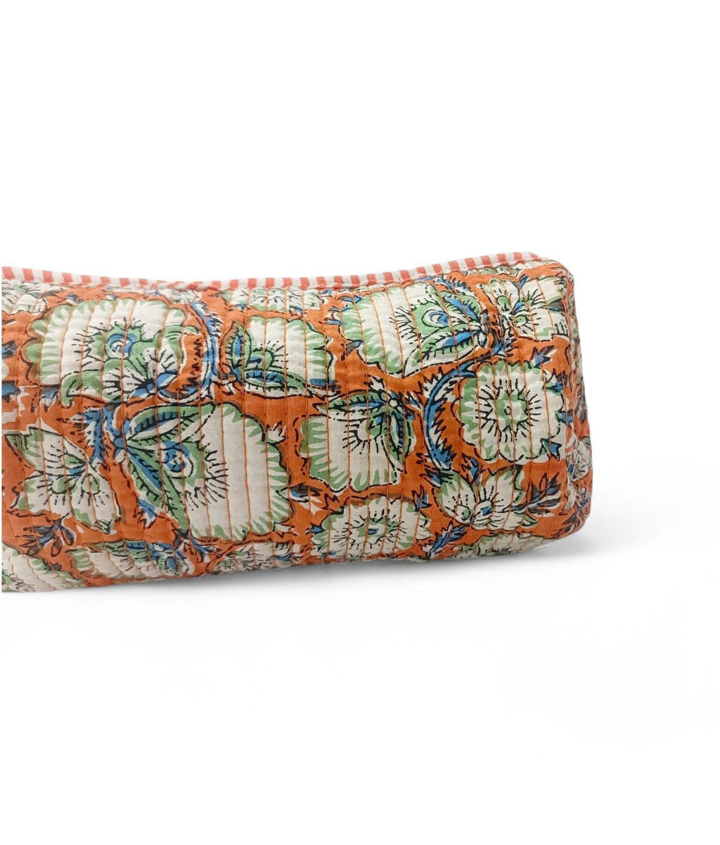 Quilted Floral Makeup Bag, Handmade Cotton Cosmetic Pouch, Orange Block Print Toiletry Bag, Zipper Travel Clutch, Gift for Her