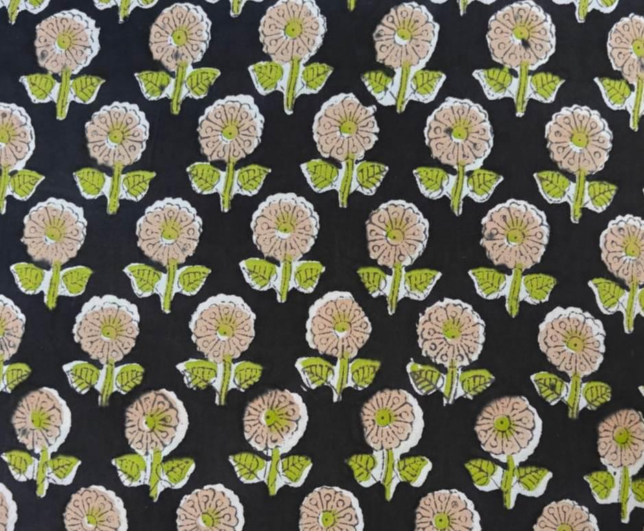 Black Floral Cotton Fabric by the Yard – Small Block Print Flower – Green & Beige Indian Handmade Textile, Soft White Cotton for Dressmaking