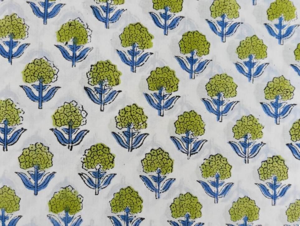 Floral Buti Block Print Cotton Fabric, Small Motif Indian Cotton Fabric, Blue Green Hand Block Print Fabric, Quilting Sewing Fabric The Yard