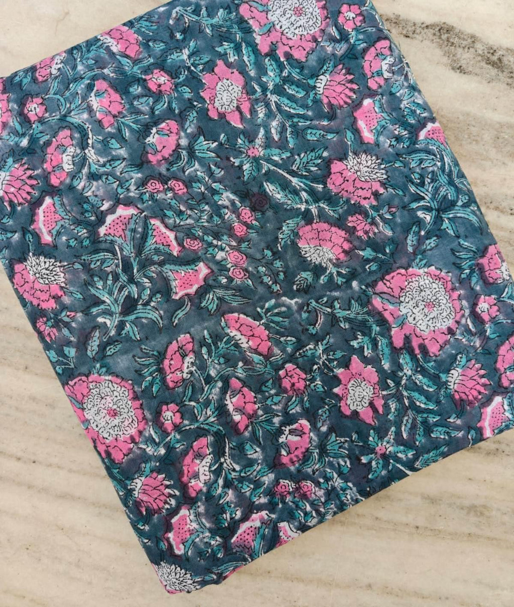 Teal Pink Floral Cotton Fabric, Vintage Botanical Print, Quilting Fabric by the Yard, Indian Style Block Print, Dressmaking Craft Fabric