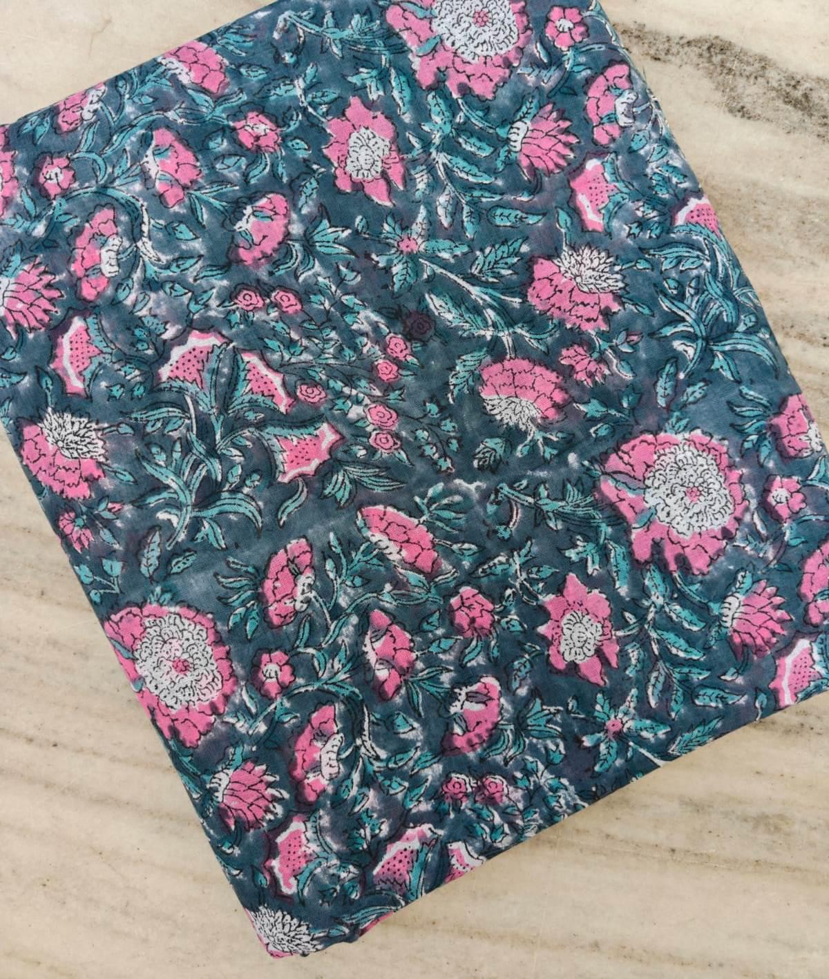Teal Pink Floral Cotton Fabric, Vintage Botanical Print, Quilting Fabric by the Yard, Indian Style Block Print, Dressmaking Craft Fabric